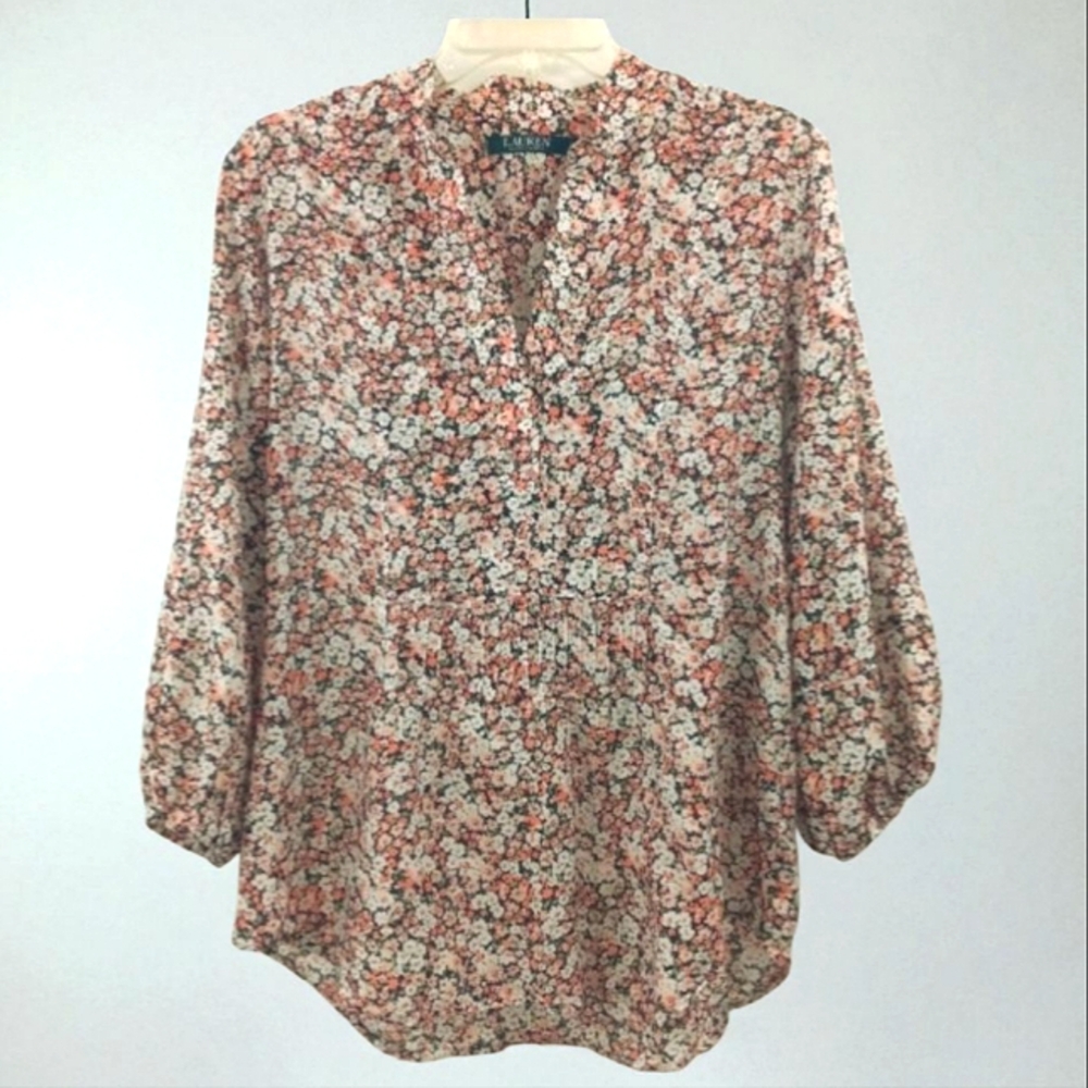 Lauren Ralph Lauren Blouse Women's L Pink Ditzy Floral Popover Balloon Sleeves